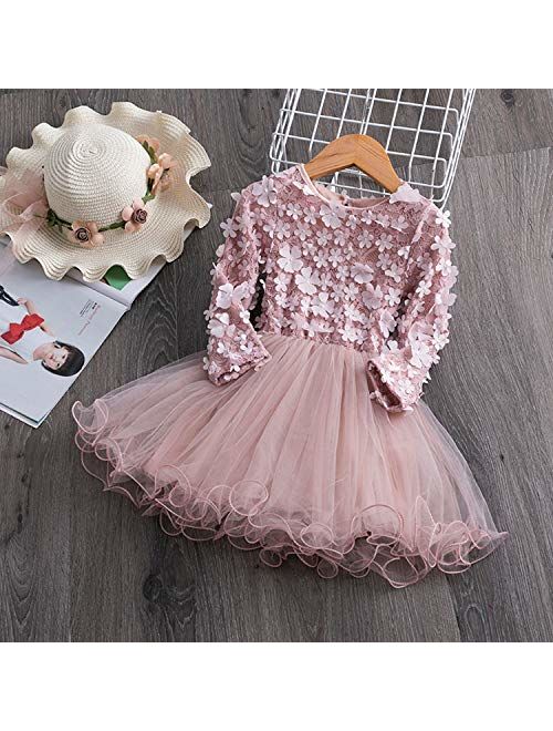NNJXD New Lace Flower Girl Dress Winter Long Sleeve Three-Dimensional Petals Pompom Net Yarn Girls Clothes Size140 4-5 Years Pink#