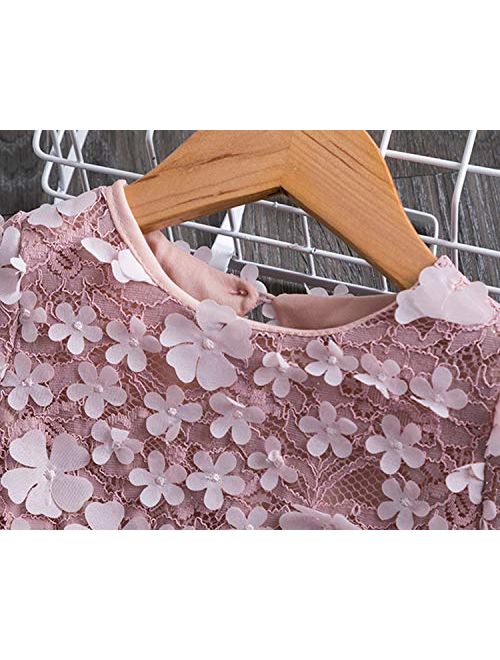 NNJXD New Lace Flower Girl Dress Winter Long Sleeve Three-Dimensional Petals Pompom Net Yarn Girls Clothes Size140 4-5 Years Pink#