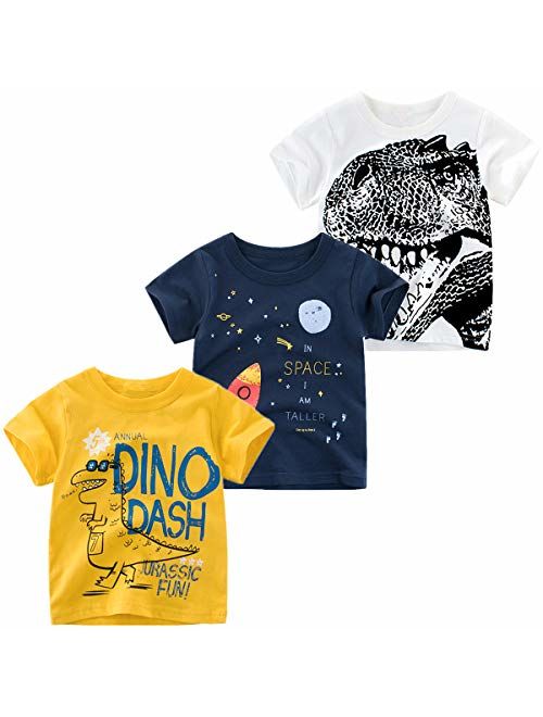 Nuziku Boys' 3-Pack Dinosaur Short Sleeve Crewneck T-Shirts Top Tee Size 2-6 Years