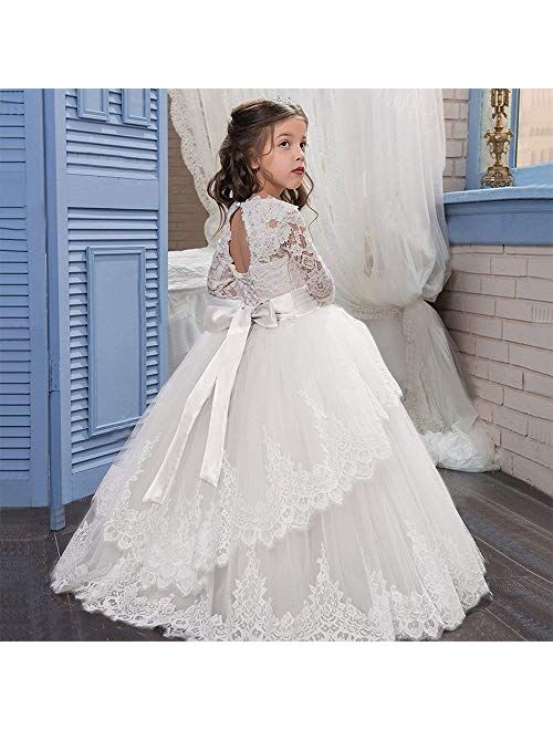 Pageant Flower Girls Dress Lace Long Sleeves Princess Tulle Ball Gown