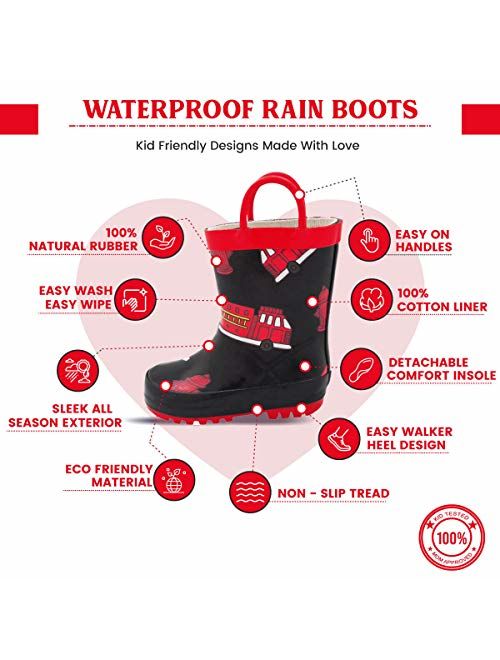 NORTY Waterproof Rubber Rain Boots for Kids - Boys and Girls Solid & Printed Rainboots for Toddlers and Kids