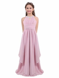 MSemis Girls' Princess Halter Neck Floor-Length Lace Chiffon A-Line Junior Bridesmaid Dress