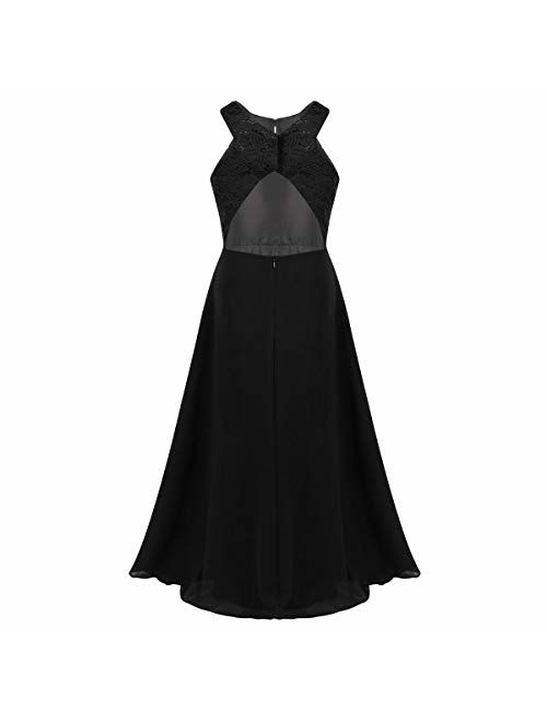 MSemis Girls' Princess Halter Neck Floor-Length Lace Chiffon A-Line Junior Bridesmaid Dress