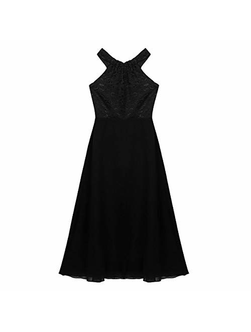 MSemis Girls' Princess Halter Neck Floor-Length Lace Chiffon A-Line Junior Bridesmaid Dress