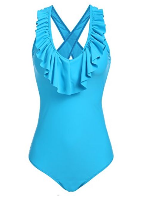 Ekouaer Womens Sexy Ruffle Criss Cross Back One Piece Swimsuit Monokini Swimwear