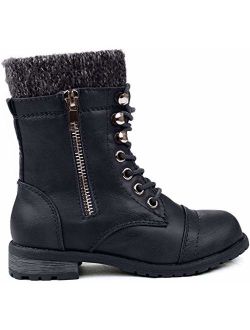 JJF Shoes Mango-31 Kids Round Toe Military Lace Up Knit Ankle Cuff Low Heel Combat Boots