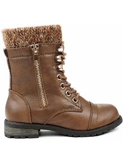 JJF Shoes Mango-31 Kids Round Toe Military Lace Up Knit Ankle Cuff Low Heel Combat Boots