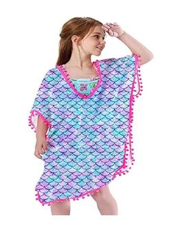 uideazone Kids Girls Chiffon Cover Ups Novelty Quick Dry Coverups Swimsuit Beach Dress Tops with Pompom Tassel 3-12 Years