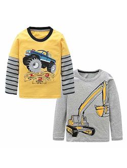 HowJoJo Kids Long Sleeve Cotton T-Shirts Boys Monster Truck Excavator Shirt Graphic Tees 2 Pack 5T
