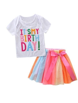 HBER 1-7T Birthday Outfits Baby Toddler Little Girls Kids Shirt Tops Rainbow Tutu Skirts Gift Clothes Set