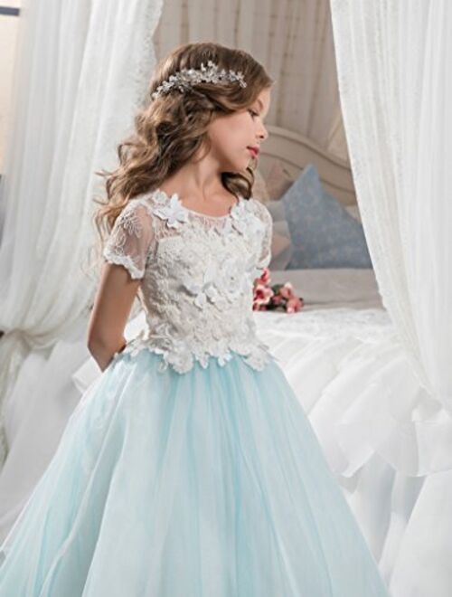 Sittingley Fancy Flower Girls Pageant First Communion Dresses White Blue Dresses 0-12 Year Old