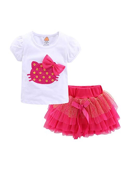 LittleSpring Little Girls Summer Outfit Cat T-Shirt+ Tutu Skirt 2-Piece Clothing Set