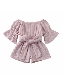 Merqwadd Toddler Baby Girl Romper Jumpsuit Flare Sleeve Shorts Overall with Belt Summer Clothes Outfits