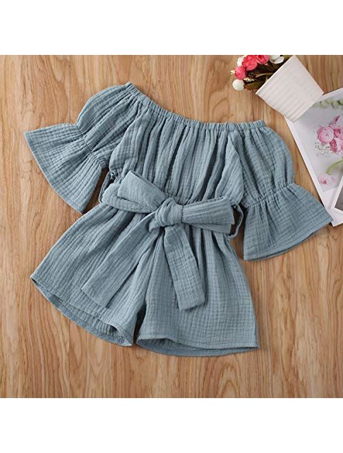 Merqwadd Toddler Baby Girl Romper Jumpsuit Flare Sleeve Shorts Overall with Belt Summer Clothes Outfits