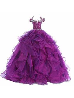 Y&C Girls Halter Chest Full Crystal Ball Gown Floor Length Pageant Dresses