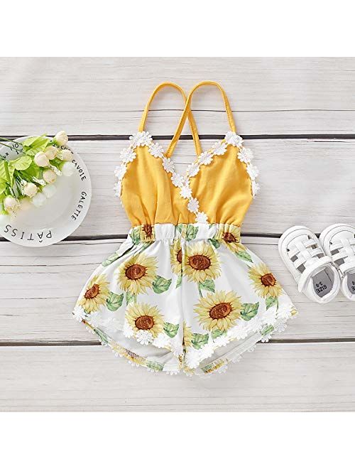 Haokaini Summer Baby Girl Sunflower Watermelon Print Lace Trim Backless Romper Shorts Jumpsuit for Tollder