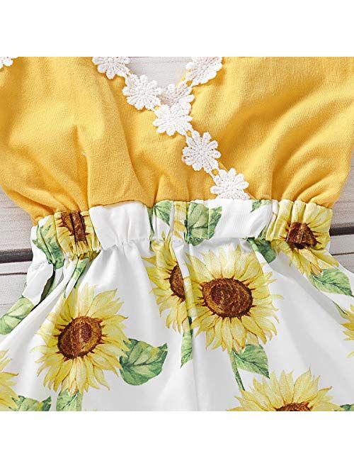 Haokaini Summer Baby Girl Sunflower Watermelon Print Lace Trim Backless Romper Shorts Jumpsuit for Tollder