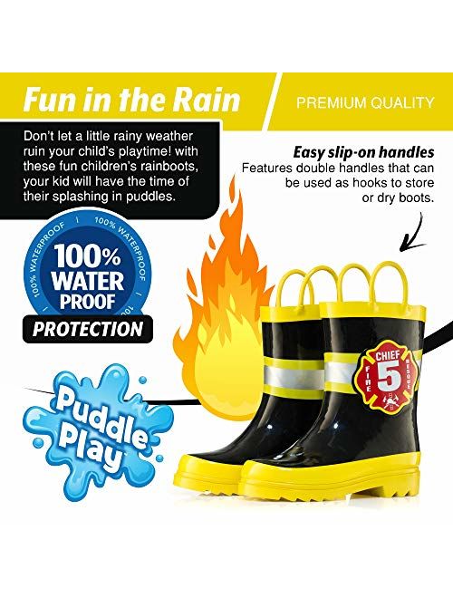 Puddle Play Toddler and Kids Waterproof Rubber Rain Boots with Easy-On Handles Boys and Girls Colors and Designs