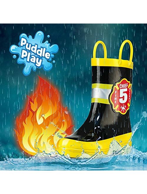 Puddle Play Toddler and Kids Waterproof Rubber Rain Boots with Easy-On Handles Boys and Girls Colors and Designs