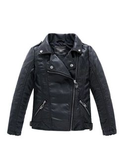 LOKTARC Boys Girls Spring Motorcycle Faux Leather Jackets with Oblique Zipper