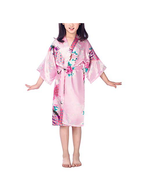 WONDERFIT Girls Stain Kimono Peacock Flower Robe for Spa Wedding Birthday