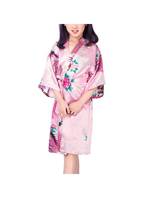 WONDERFIT Girls Stain Kimono Peacock Flower Robe for Spa Wedding Birthday