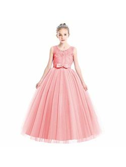Big Girls Tulle Lace Princess Bowknot Dress Flower Girl Wedding Bridesmaid Dresses Evening Birthday Party Dress Ball Gown # Pink 5-6 Years