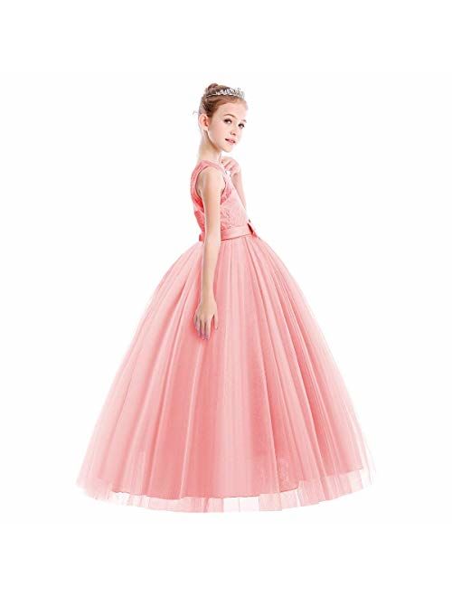 Big Girls Tulle Lace Princess Bowknot Dress Flower Girl Wedding Bridesmaid Dresses Evening Birthday Party Dress Ball Gown # Pink 5-6 Years