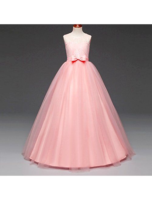 Big Girls Tulle Lace Princess Bowknot Dress Flower Girl Wedding Bridesmaid Dresses Evening Birthday Party Dress Ball Gown # Pink 5-6 Years