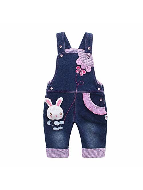 KIDSCOOL SPACE Baby Girl Jean Overalls,Toddler Denim Cute 3D Bunny Outfit