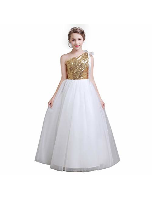 fairy Girl Junior Bridesmaid Dresses Sequines Flower Girl Dresses Tulle for Wedding Party Pageant Aline Floor Length