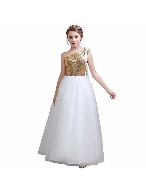 fairy Girl Junior Bridesmaid Dresses Sequines Flower Girl Dresses Tulle for Wedding Party Pageant Aline Floor Length