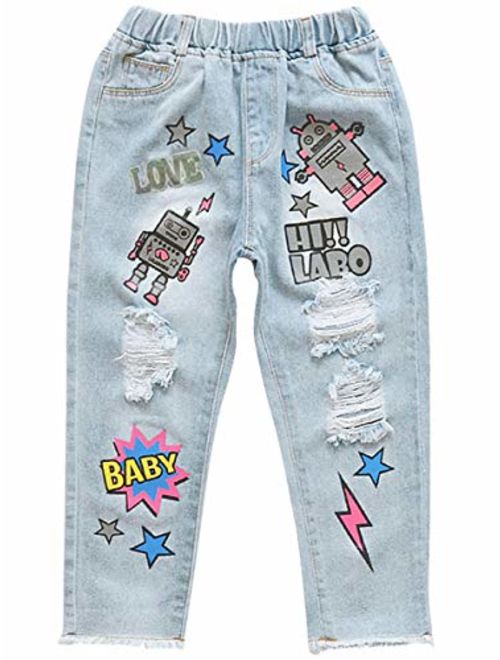 JELEUON Big Girls Kids Child Distressed Ripped Hole Teens Jean Cartoon Robot Letter Print Denim Pants