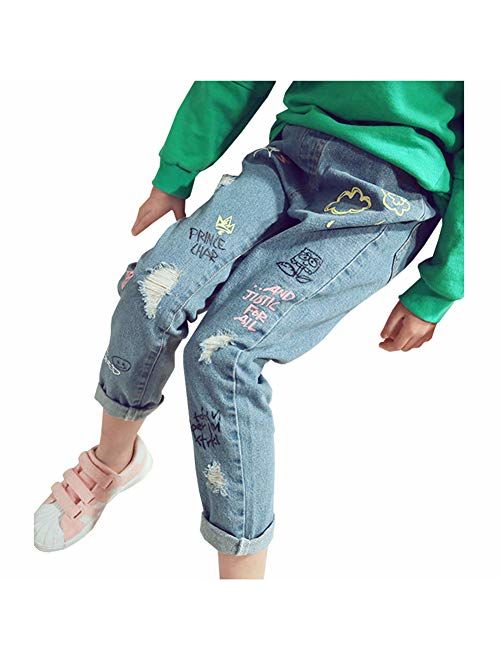 HZYBABY Boys Girls Boys Elastic Waist Ripped Denim Pants Jeans for Kids Pull on Skinny Jeans Pants