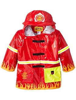 Kidorable Red Fireman All-Weather Raincoat for Boys w/Fun Flames, Chief Badge, Reflective Strips