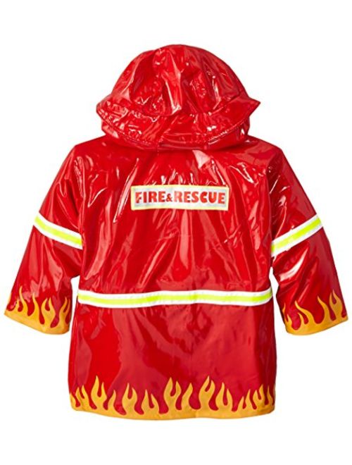 Kidorable Red Fireman All-Weather Raincoat for Boys w/Fun Flames, Chief Badge, Reflective Strips