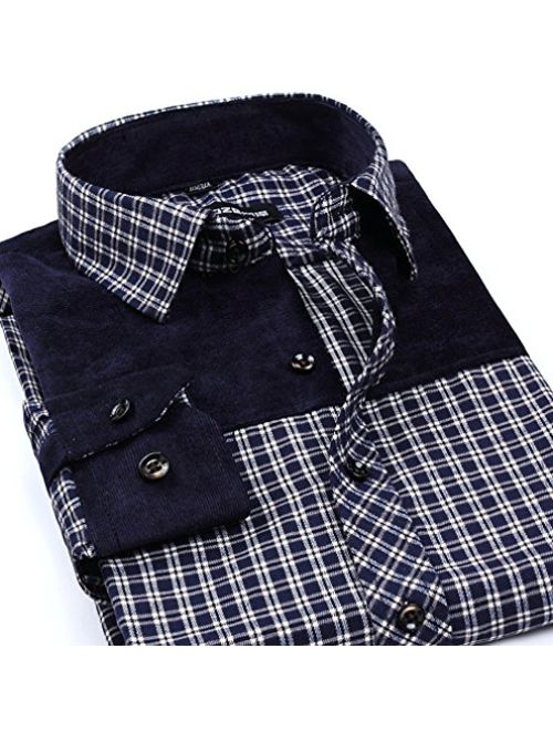 SWORLD Men's Casual Corduroy Plaid Stitching Long Sleeves Button Down Shirt Assorted
