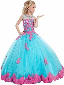 FatefulBridal Girls' Ball Gown Appliques Beads O-Neck Pageant Dresses