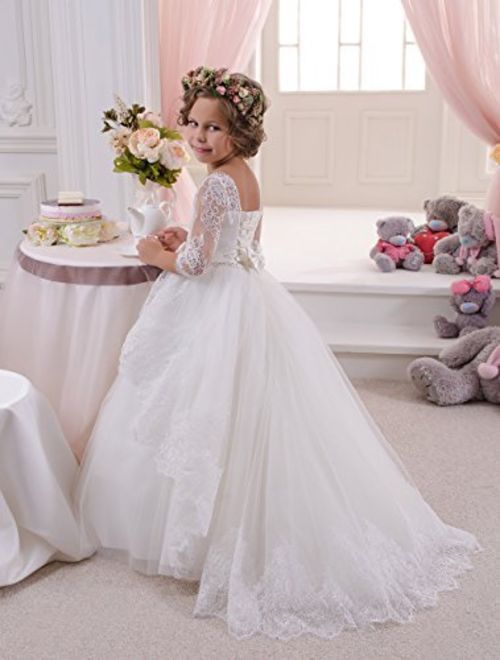 Carat Flower Girl Dress White Communion Lace Tulle Ball Gown