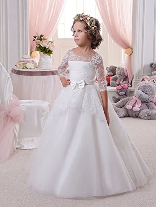 Carat Flower Girl Dress White Communion Lace Tulle Ball Gown