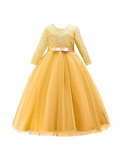 Girls Long Lace Bridesmaid Dress 3/4 Sleeves Floor Length Maxi Tulle Pageant Ball Gowns Wedding Party Dresses for Kids