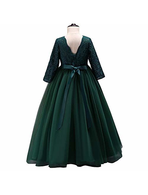 Girls Long Lace Bridesmaid Dress 3/4 Sleeves Floor Length Maxi Tulle Pageant Ball Gowns Wedding Party Dresses for Kids