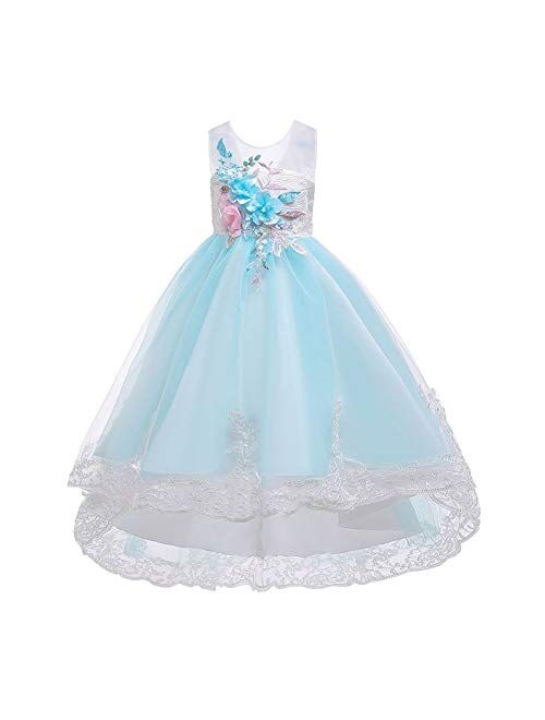 Little Big Girl Flower Deep-V Back Lace Pageant Long Dress Wedding Party Formal Evening Dance Gowns