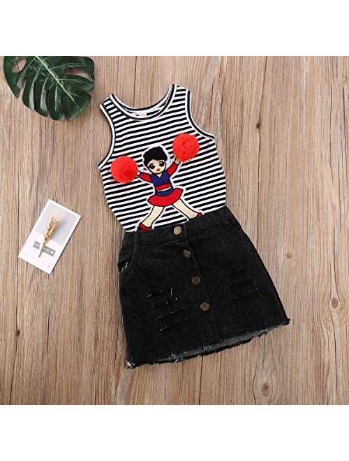 Toddler Baby Kids Girl Summer Clothes Short Sleeve T-Shirt Tops + Mini Button Skirt Set Denim Outfits