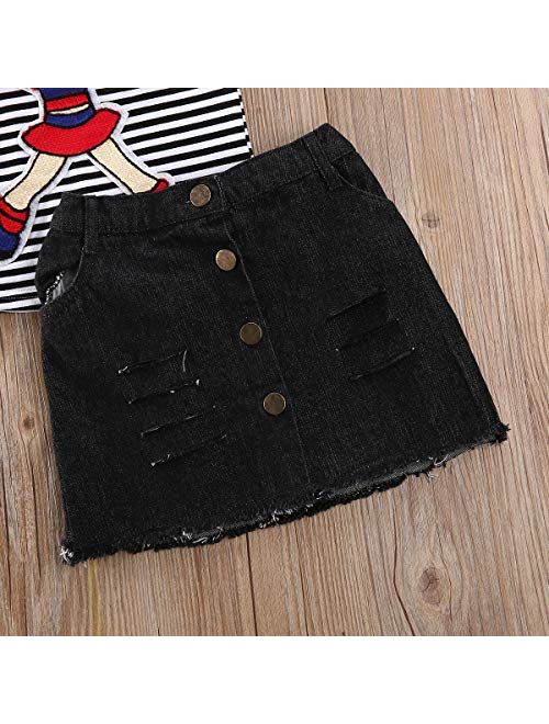 Toddler Baby Kids Girl Summer Clothes Short Sleeve T-Shirt Tops + Mini Button Skirt Set Denim Outfits