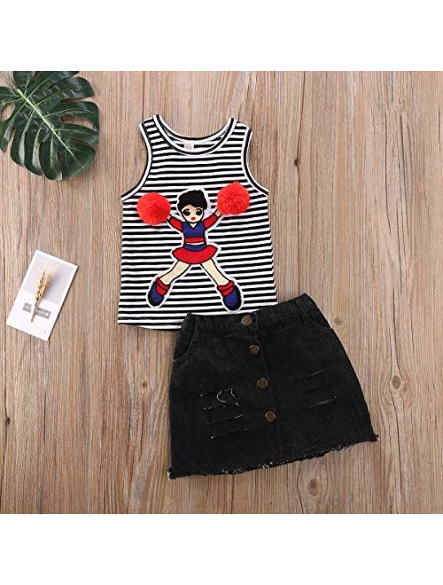 Toddler Baby Kids Girl Summer Clothes Short Sleeve T-Shirt Tops + Mini Button Skirt Set Denim Outfits