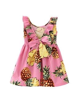 Bestime Hawaiian Girls Dresses Pink Pineapple Yellow Lemon Printed Ruffles Backless Cotton Sleeveless Dress