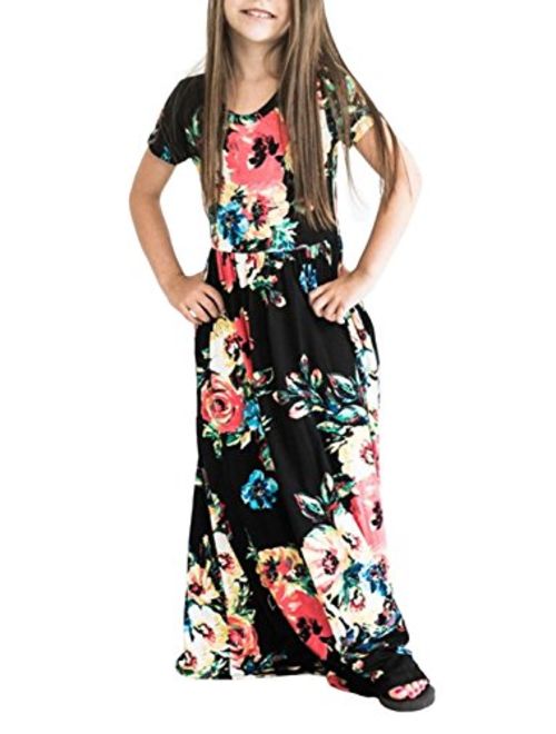ZESICA Girl's Summer Short Sleeve Floral Printed Empire Waist Long Maxi Dress with Pockets