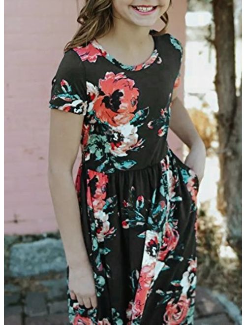 ZESICA Girl's Summer Short Sleeve Floral Printed Empire Waist Long Maxi Dress with Pockets