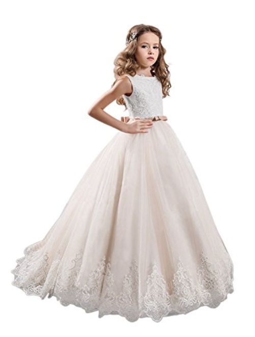 KissAngel Ivory Long Lace Flower Girl Dresses Champagne Less Party Dress